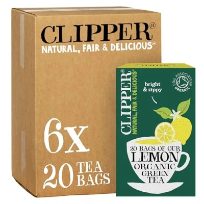 Image of Clipper Organic Lemon Green Tea Bags 120 Teabags (6x Boxes of 20) Bulk Buy for Office, Home &amp; Catering Pure, Fair Trade with Natural Unbleached Plant Based Biodegradable
