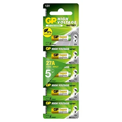 Image of GP Alkaline High Voltage 27A (MN27) card of 5 12.0V MN27, Chrome/Black/Red