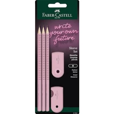 Image of Faber Castell 217084 Pencil Set Sleeve, with Sharpener, Eraser and 3 Pencils, Writing Grip 2001 Rose Shadows