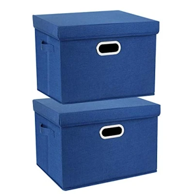 Image of TYEERS Large Storage Box with Lid, Collapsible, Washable, Fabric for Clothes, Wardrobe Storage, 44x30x29 cm, Set of 2, Classic Blue