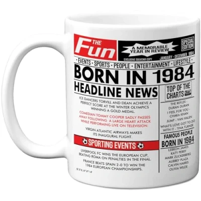 Image of Stuff4 40th Birthday Mug Gift for Men Women Born in 1984 Newspaper Happy 40 Gifts Mum Dad Uncle Aunt Vintage Retro Back Age Forty Bday, 11oz Ceramic Coffee Mugs