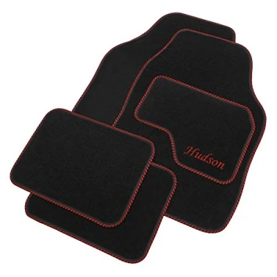 Image of JVL Personalised Universal Black Carpet Car Mat Set with Red Embroidered Drivers