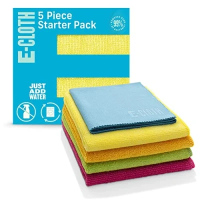 Image of E Cloth 5 pc Starter Pack, Microfibre Cleaning Set, Includes Household Tools for Bathroom, Kitchen, and Cars, Washable Reusable, 100 Wash Promise, Assorted Colors