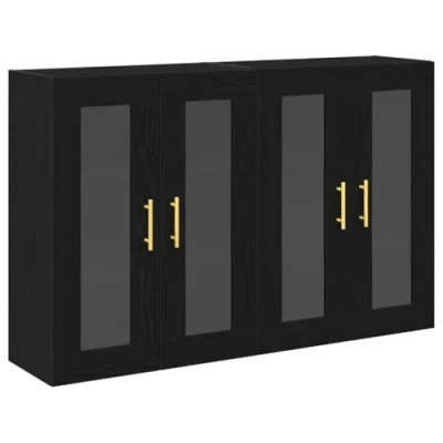 Image of vidaXL Wall Mounted Cabinet/Sideboard Set of 2 Black Oak, Engineered Wood, Gold Accents for Dining/Living Room