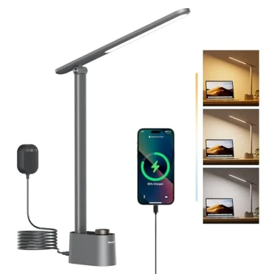 Image of Honeywell LED Desk Lamp with USB Charging Ports, H01 Stepless Dimmable Eye Caring Sunturalux™ Light for Office Home, Foldable Table Bedroom Nightstand College Dorm Gray