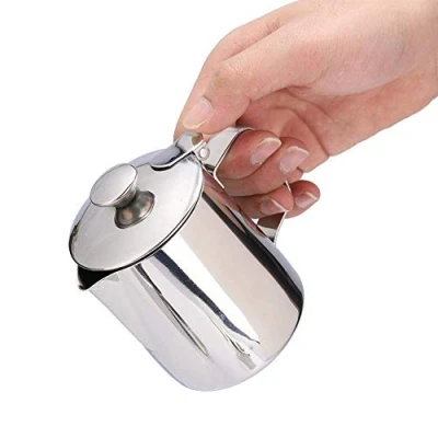 Image of Frothing Cup, Stainless Steel Coffee Mug Milk Pitcher Jug with Lid Handle for Latte Art, Office, Kitchen (350mL)
