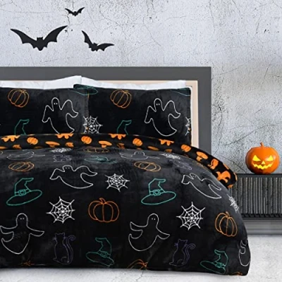 Image of Sleepdown Halloween Spooky Ghost Black Orange Flannel Fleece Reversible Duvet Cover Quilt Bedding Set with Pillowcase Warm Soft Easy Care Bed Linen Single (135cm x 200cm), 5056557512508