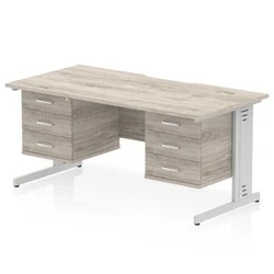 Image of Impulse 1600 x 800mm Scalloped Edge Office Desk Grey Oak Top Silver Cable Managed Leg Workstation 2 3 Drawer Fixed Pedestal
