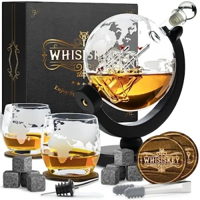 Image of Whisiskey Whiskey Decanter Set 900ML Globe Carafe Gift Sets for Men Whisky Glass Gifts Inc. 2 Glasses, 8 Stones, Accessories