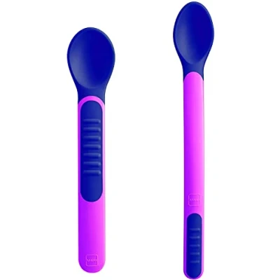 Image of MAM Heat Sensitive Feeding Spoons and Cover, Two Sizes, Colour Change Baby Spoons, Part of the Cutlery Range, Weaning Essentials, Pink