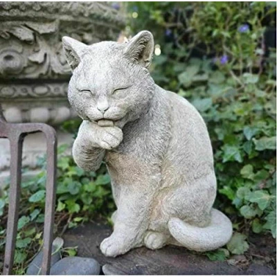 Image of Preening Cat Statue Reconstituted Stone Animal Concrete Outdoor Kitten Garden Ornament Decor