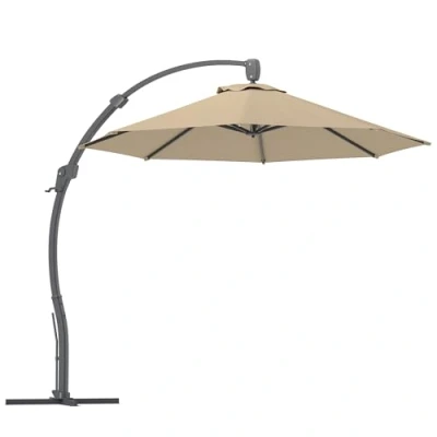 Image of Outsunny 3(m) Garden Cantilever Parasol, Round Overhanging Umbrella with Crank Handle, Cross Base, Aluminium Frame and 360 Rotation, Banana Patio for Outdoor Sun Shade, Khaki