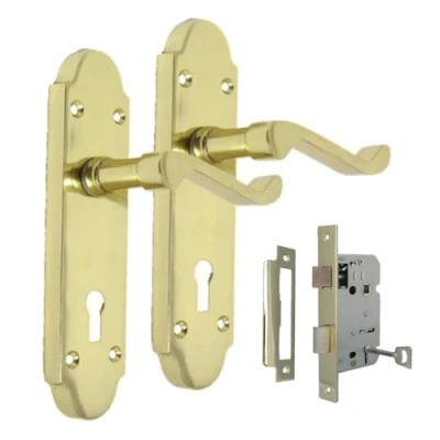 Image of Brass Internal Door Handles Sets, Handle Set for Doors, in Electro (1 Pair of Lock + 3 Lever MORTICE SASH Lock)