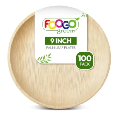 Image of FOOGO Green 100 Disposable Palm Leaf Plates 9&quot;(23cm), Large Round, Eco Friendly Biodegradable compostable Plates, Like Wooden Bamboo Paper for Hot Food Picnic Party