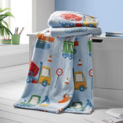 Image of Catherine Lansfield Kids Digger Dreams Cosy Fleece 130x170cm Blanket Throw Blue