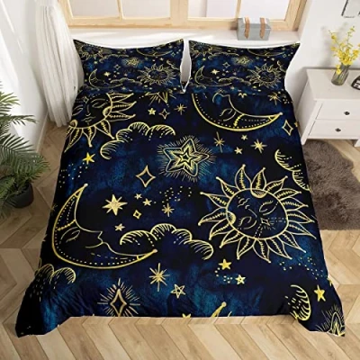 Image of richhome Moon Star Sun Duvet Cover Set Single for Kids Adult Bedroom Navy Blue Golden Soft Comforter Quilt Cartoon Universe Bedspread Collection 2Pcs Bedclothes