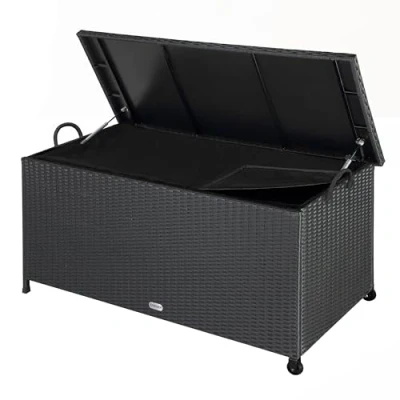 Image of CASARIA® 420 Litre Polyrattan Garden Storage Box with Wheels Waterproof UV Resistant Inner Lining 122x56x61cm Patio Furniture Cushion Chest Gas Pressure Lift Lid Black