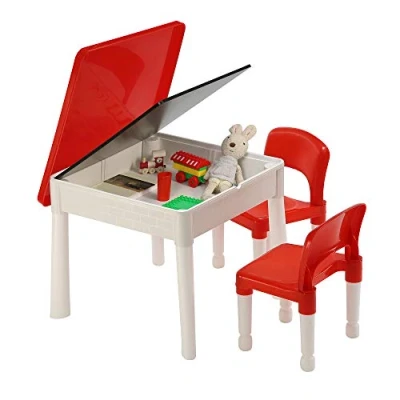 Image of Liberty House Toys Kids Activity Table and Chairs Set, Play Table, 6 in 1, Writing Top, Chalkboard, Whiteboard, Sand Play, Water Storage, White Red