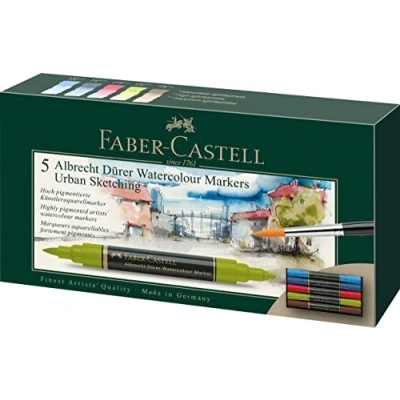 Image of Faber Castell Art &amp; Graphic Albrecht Dürer Watercolour Marker, Multicoloured, Wallet Of 5, For Art, Craft, Drawing, Sketching, Home, School, University, Colouring