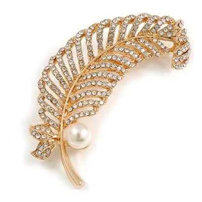 Image of Avalaya Clear Crystal Feather Brooch in Gold Tone 65mm Long