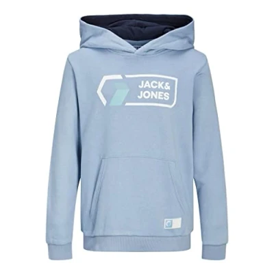 Image of JACK &amp; JONES Boys Pullover Hoodie Logo Printed Warm Hooded Sweat Top Faded Denim 10 Years