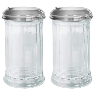 Image of Lucenté Set of 2 Sugar Dispensers Stylish Retro Glass &amp; Stainless Steel Pourers with Functional Flip Top Opening 13.5cm (H) x 7.5cm (W) Suitable for Domestic Commercial Settings.