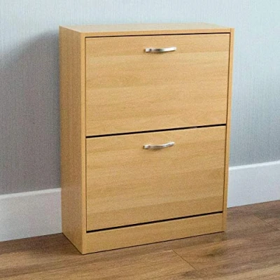 Image of Vida Designs 2 Drawer Shoe Cabinet Cupboard Storage Organiser Pull Down Wooden Hallway Furniture Unit, Pine