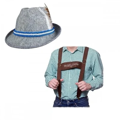 Image of Adult Mens Oktoberfest Braces + Deluxe Grey Bavarian Hat : Beer Festival Fancy Dress Accessory Set