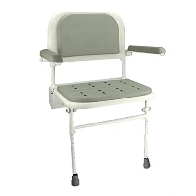 Image of Wall mounted folding fold down shower seat with legs and padded seat, back arms ECSS01