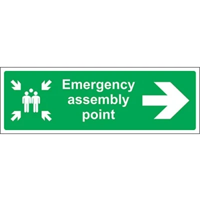 Image of Emergency assembly point directional sign right Safety 1.2mm Rigid plastic 300mm x 100mm