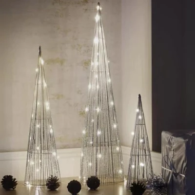Image of Marco Paul Christmas Set of 3 Silver Light Up Cone Trees Festive LED Decorations Pre Lit Xmas Tree Indoor Ornamental Pyramid Metal Ornaments Home Decor Wire Warm White Lighting