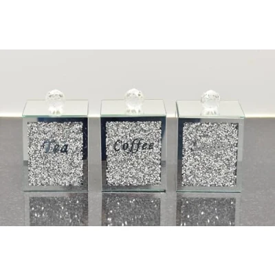 Image of DEENZ Set Of 3 Diamond Crushed Tea Coffee Sugar Canisters Square Jars Kitchen Storage Silver Trimmings Crystal Filled