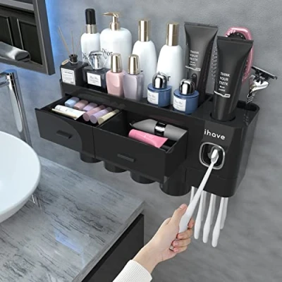 Image of iHave Toothbrush Holders Bathroom Storage, 4 Cups Holder Wall Mounted with Toothpaste Dispenser, Large Capacity Tooth Brush Storage &amp; Organisation
