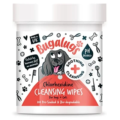 Image of BUGALUGS Chlorhexidine dog wipes for pawly skin 100 Biodegradable grooming pet wipes. Use as ear wipes, eye face Paw &amp; Bum puppy, dogs cat