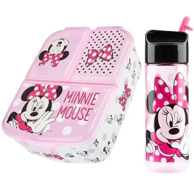 Image of Disney Minnie Mouse Kids Lunchbox with Compartments and Water Bottle Straw (Pink)