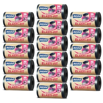 Image of Bacofoil Elasti Fit Bin Liners with Drawstring Handles 30L Leak Proof Bag Elastic Fastening for a Secure (16 Rolls, 192 Bags)…