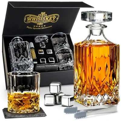 Image of WHISISKEY Whiskey Decanter Set 700ML Classic Carafe Gift Sets for Men Whisky Glass Gifts Inc. 2 Glasses, 4 Stones, Accessories