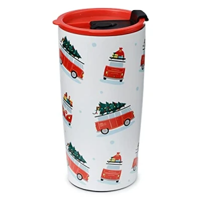 Image of Puckator Christmas Volkswagen VW T1 Camper Surf Adventure Reusable Stainless Hot &amp; Cold Thermal Insulated Food Drink Cup 500ml Thermos Travel Mug Tumbler with Straw and Lid Bubba