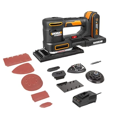Image of WORX WX820 Cordless Multi Sander, Power Share, 5in1 Orbital, Finishing, Detail, Contour and Finger Variable Speed, 5X Sanding Pads, 15x Paper, 1x 2Ah Battery Included, 18V (20V Max)