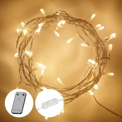 Image of Lights4fun Indoor Fairy Lights with 50 Warm White LEDs on 4m of Clear Cable Plug in Rocker Switch