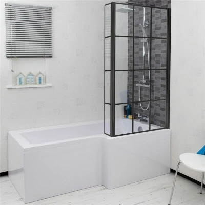 Image of Ceramica L Shaped 1600x855mm Shower Bath, Black Grid Screen &amp; Bath Panel RH