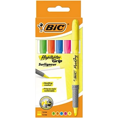 Image of BIC Highlighter Grip, Ribbed Rubber Grip for Extra Comfort, Water Based Ink, Assorted Colours, Pack of 5