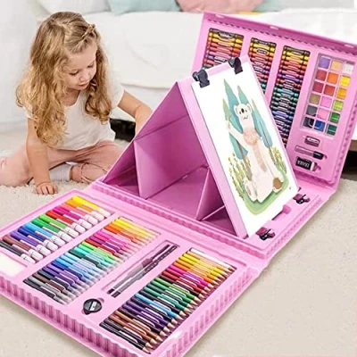 Image of XDISHYN 208 PCS Art Supplies, BRAND Drawing Kit for Kids Adults Set with Double Sided Trifold Easel, Oil Pastels, Crayons(Pink)