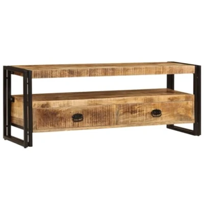 Image of vidaXL Solid Mango Wood TV Cabinet with Steel Frame Vintage Style Television Stand Storage Drawers and Shelf, Sturdy Living Room Furniture for TV, Gaming Console, Multimedia Brown