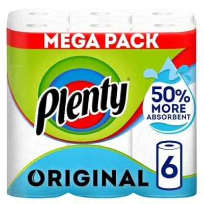 Image of PLENTY Kitchen Towel, 6 White Rolls, 600 Sheets of Roll, 2 Ply Tissue