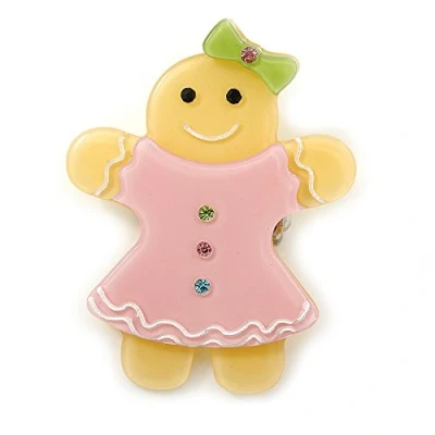 Image of Avalaya Bright Yellow/Baby Pink Austrian Crystal Acrylic &#039;Gingerbread Girl&#039; Brooch 50mm Length