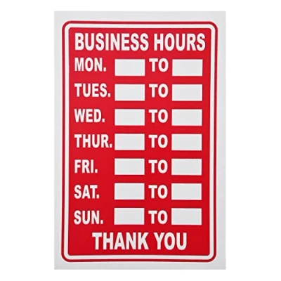 Image of Business Hours Sign Red High Contrast Opening Closing Times Shop Door Notice