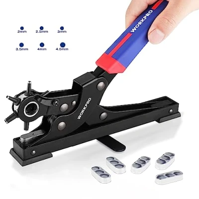 Image of WORKPRO Desktop Leather Hole Punch, Heavy Duty Belt Puncher for with 6 Multi Sized Holes Belt, Watch Bands, Pet Collars, Bags, Shoes, DIY Home or Craft