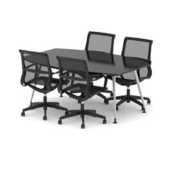 Image of High Gloss 1800mm Writable Boardroom Table Black + 4 Mesh Chairs