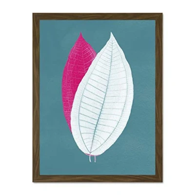 Image of Wee Blue Coo Bright Coloured Leaf Teal Large Brown Framed Art Print Wall Poster 18x24 inch